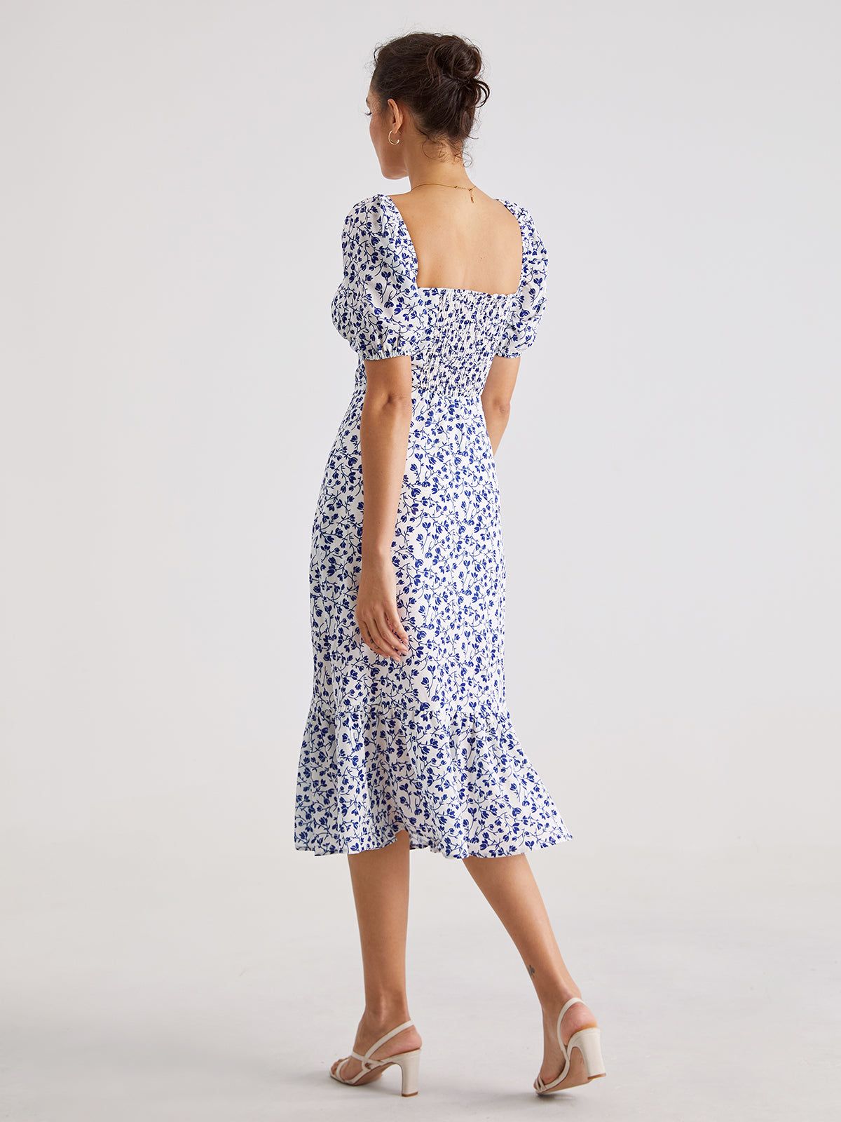 Short Puff Sleeve Lilac Floral Midi Ruffle Dress sold by COMMENSE product image thumbnail 4