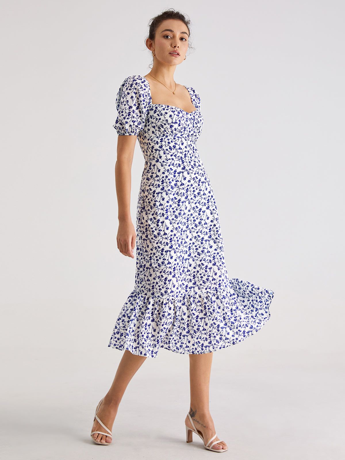 Short Puff Sleeve Lilac Floral Midi Ruffle Dress sold by COMMENSE