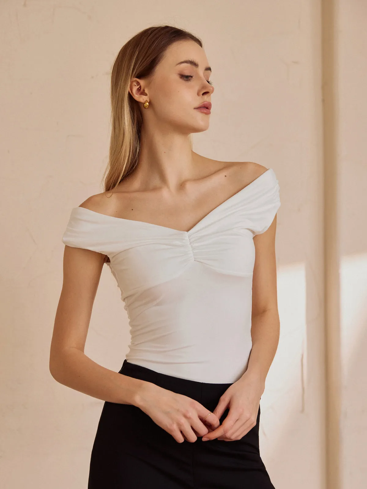 Basic Solid Off-Shoulder Top sold by COMMENSE