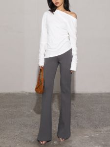 Asymmetric Neck Ruched Long Sleeve Shirt sold by COMMENSE