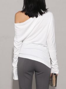 Asymmetric Neck Ruched Long Sleeve Shirt sold by COMMENSE