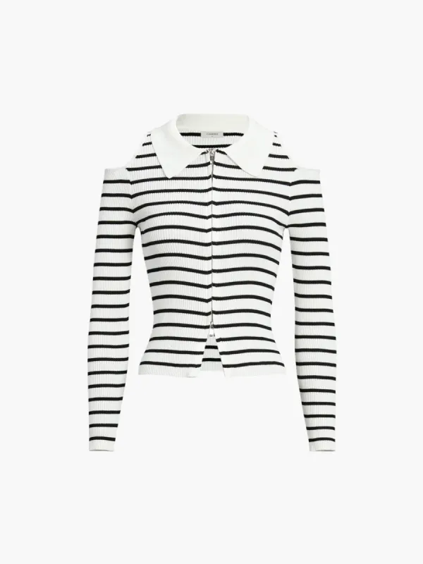 Stripe Open Collar Double Zip Cardigan sold by COMMENSE
