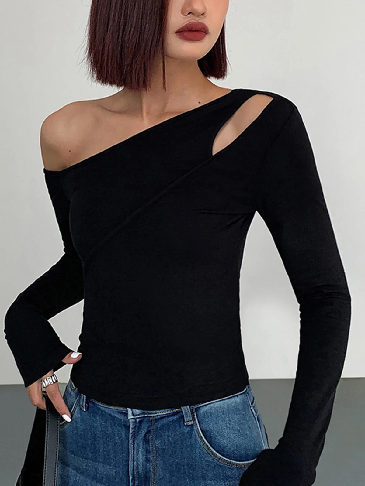 Cut Out Asymmetric Off Shoulder Slinky Long Sleeve Shirt sold by COMMENSE product image thumbnail 3