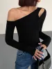 Cut Out Asymmetric Off Shoulder Slinky Long Sleeve Shirt sold by COMMENSE