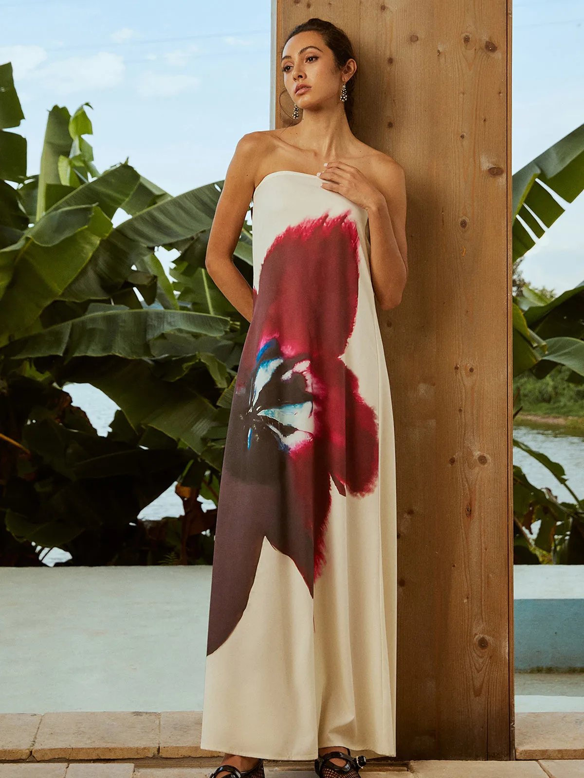 Floral Print Off Shoulder Backless Wrap Long Dress sold by COMMENSE