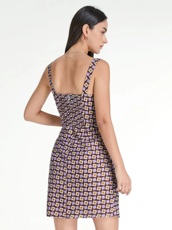 Groovy Geometric Mauve Wrap Pleat Strap Dress made by COMMENSE