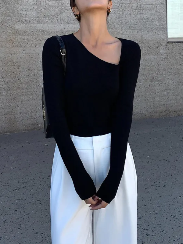 Asymmetrical Plain Long Sleeve T-Shirt sold by COMMENSE