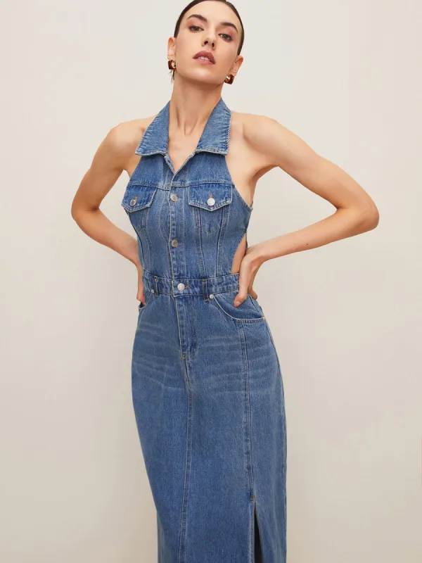Denim Collared Cutout Split Midi Dress sold by COMMENSE