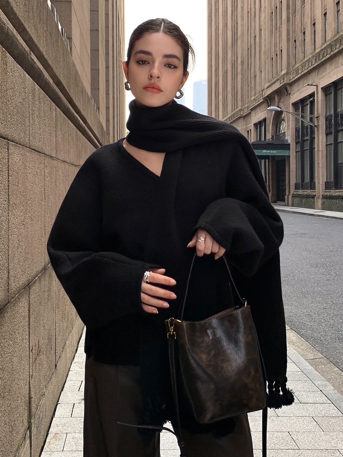 V-neck Knit Sweater With Matching Fringed Scarf sold by COMMENSE