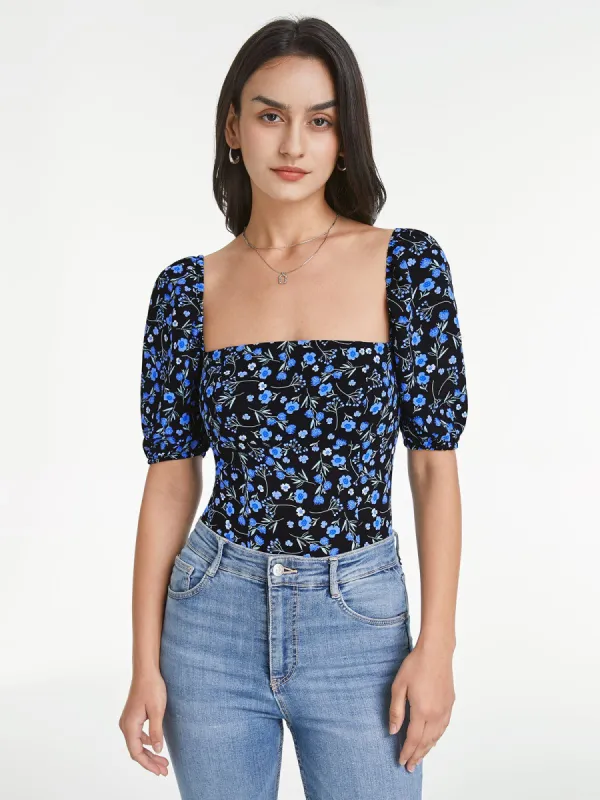 Square Neck Indigo Floral Short Puff Sleeve Top sold by COMMENSE