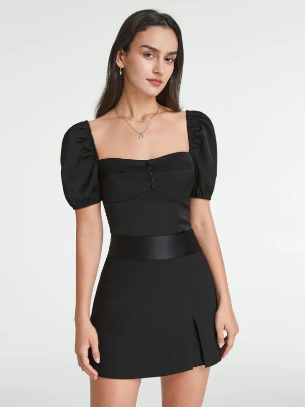 Solid Colored Contour Short Puff Sleeve Top made by COMMENSE