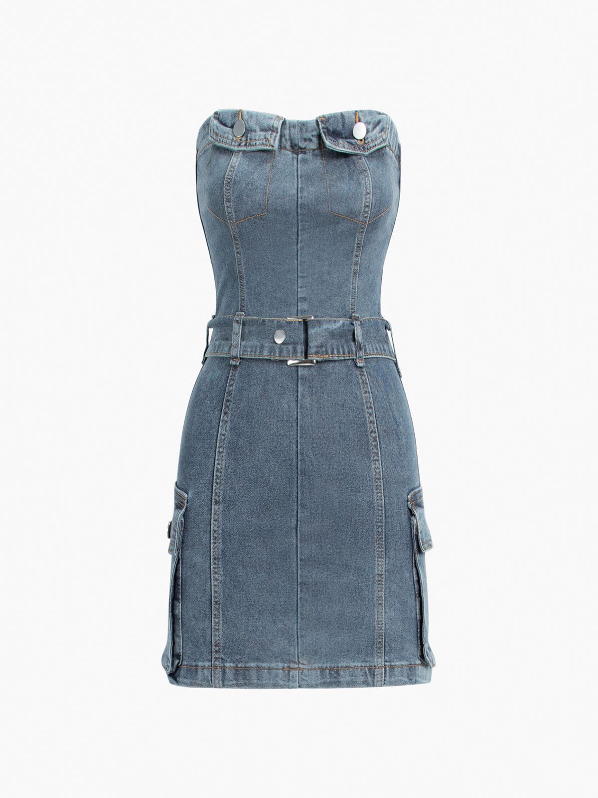 Belted Denim Tube Short Dress sold by COMMENSE