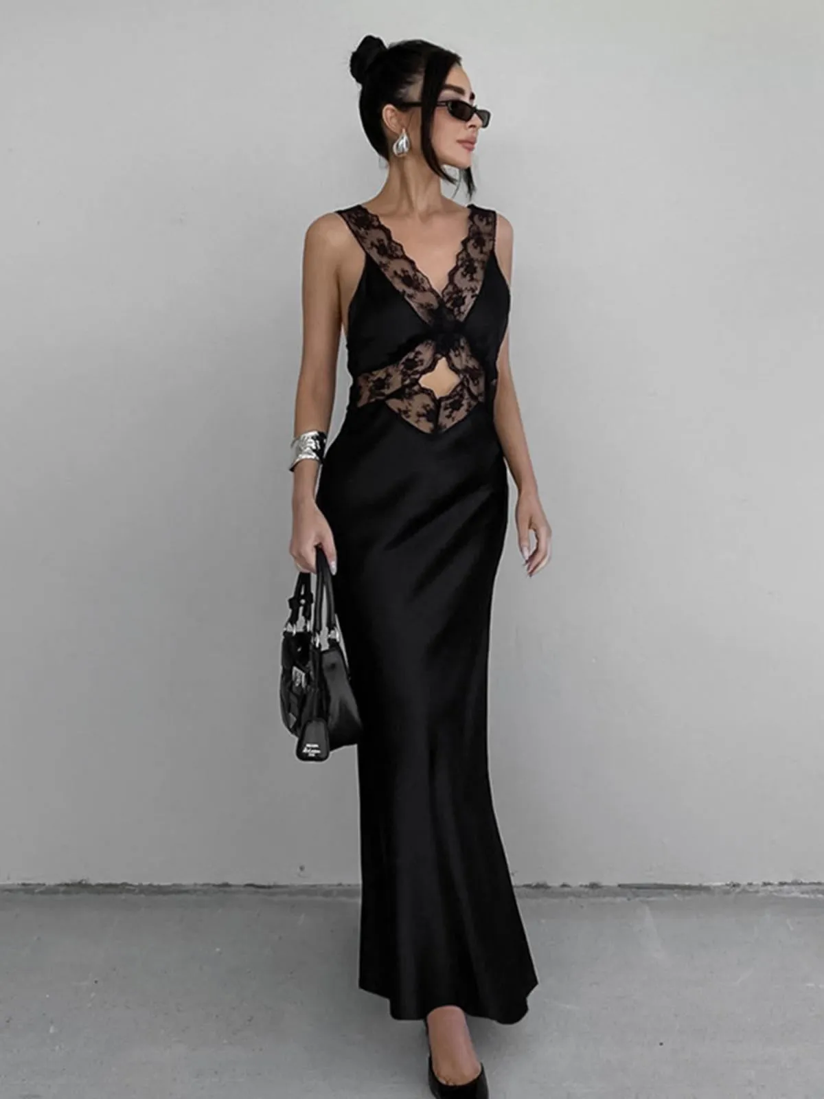 Cutout Lace Trim Stain Long Dress sold by COMMENSE product image thumbnail 3