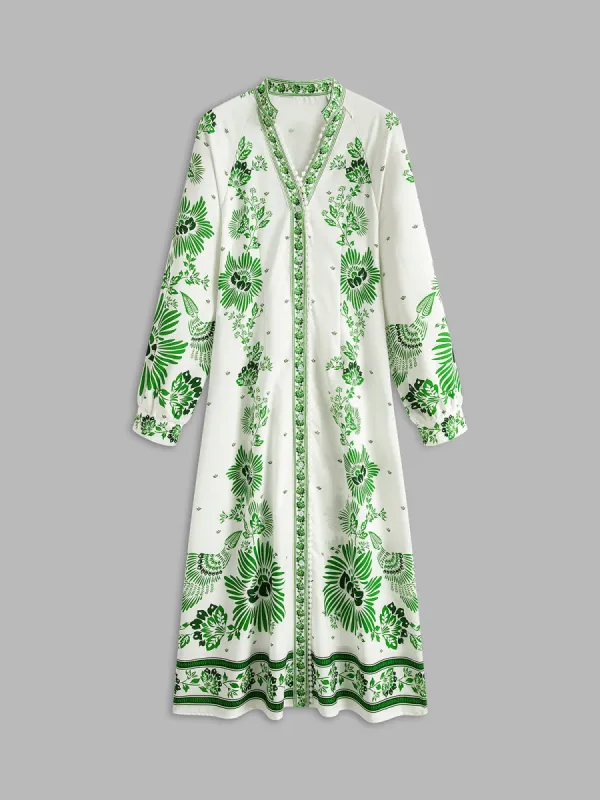 Vintage Printed Button Long Dress sold by COMMENSE