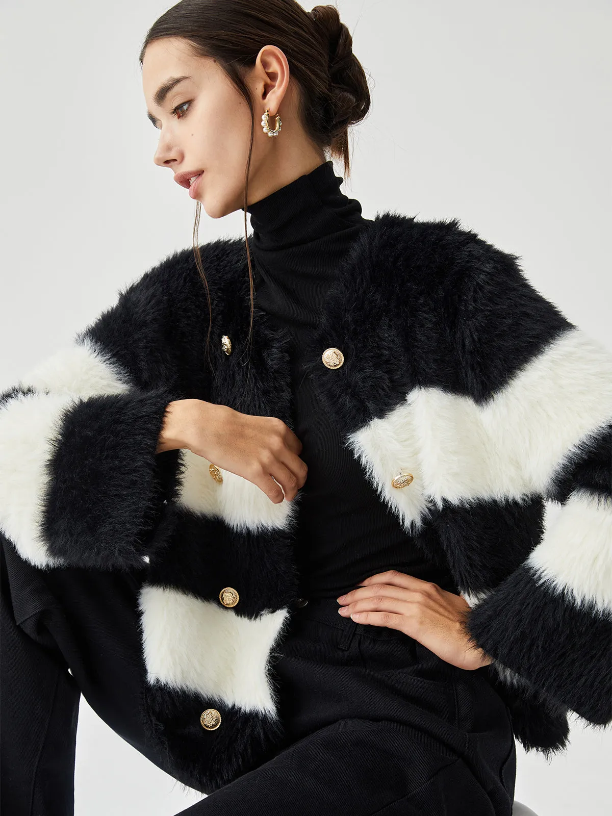 Colorblock Striped Fuzzy Button Cardigan sold by COMMENSE product image thumbnail 4