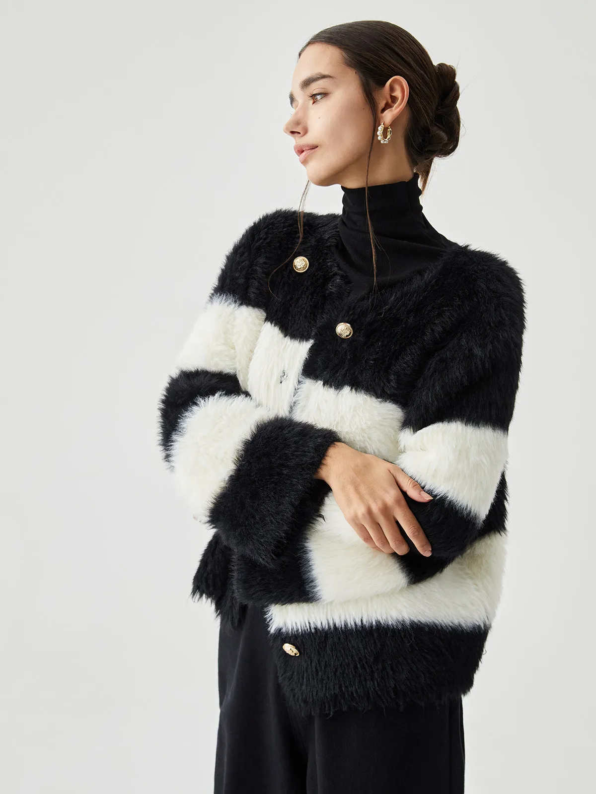 Colorblock Striped Fuzzy Button Cardigan sold by COMMENSE