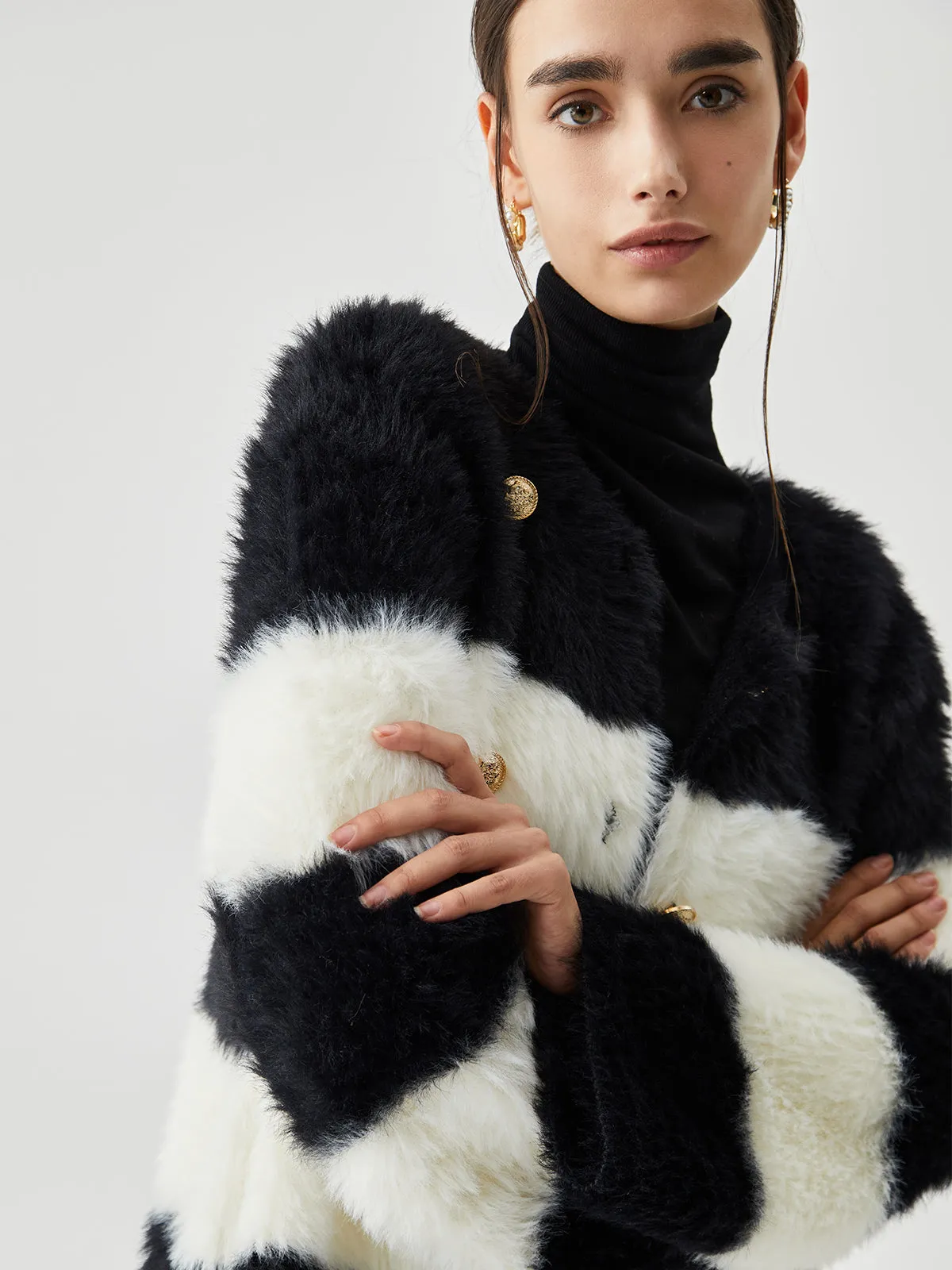 Colorblock Striped Fuzzy Button Cardigan sold by COMMENSE product image thumbnail 5