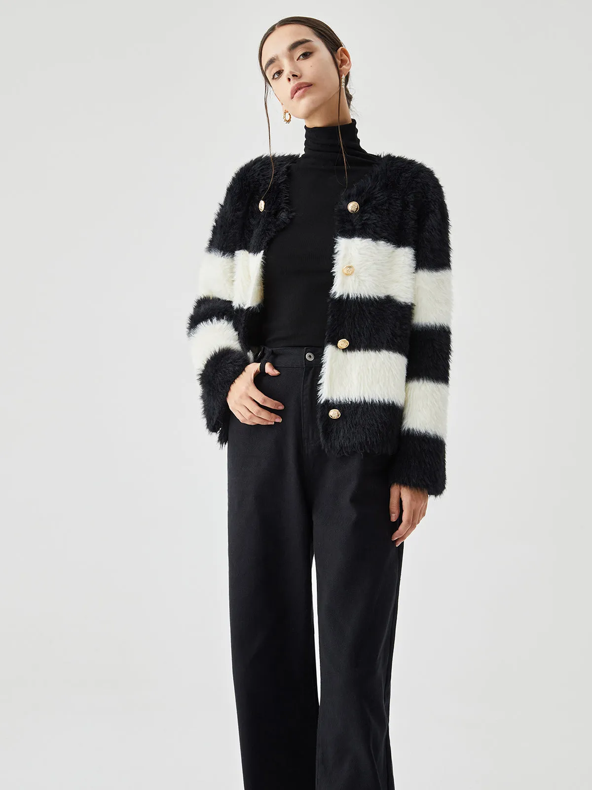 Colorblock Striped Fuzzy Button Cardigan sold by COMMENSE product image thumbnail 2