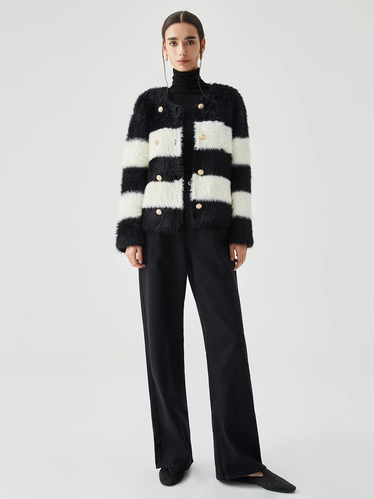 Colorblock Striped Fuzzy Button Cardigan sold by COMMENSE product image thumbnail 3