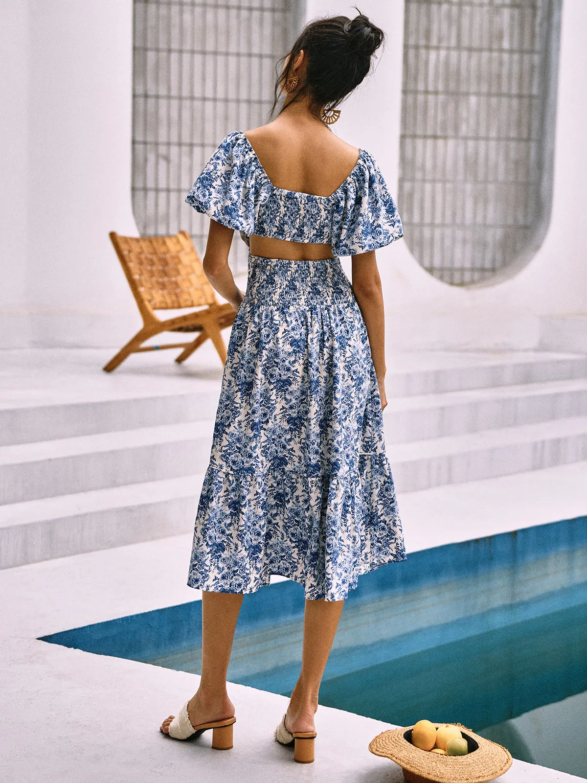 Floral Print Cutout Waist Midi Dress sold by COMMENSE product image thumbnail 4