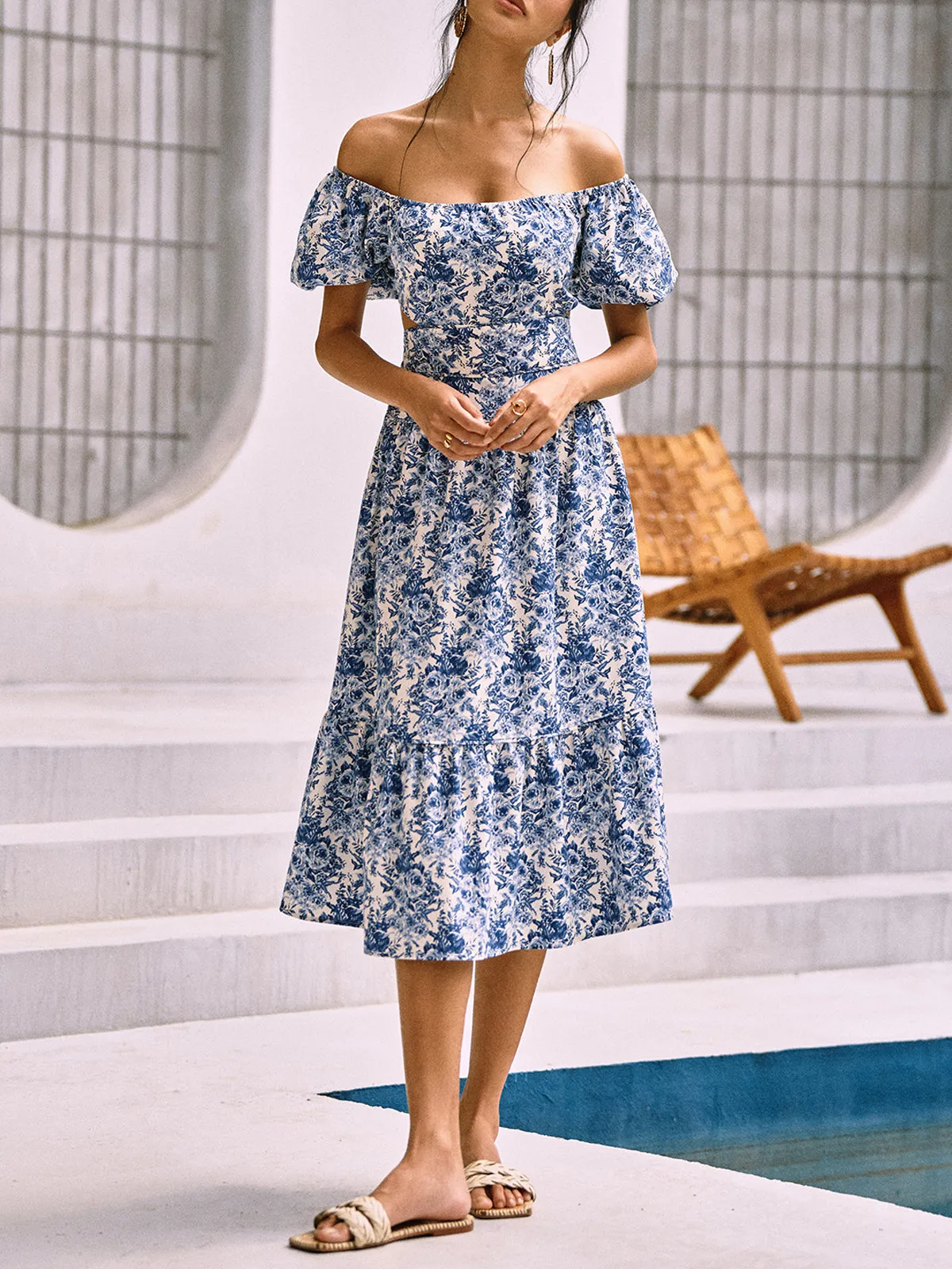 Floral Print Cutout Waist Midi Dress sold by COMMENSE