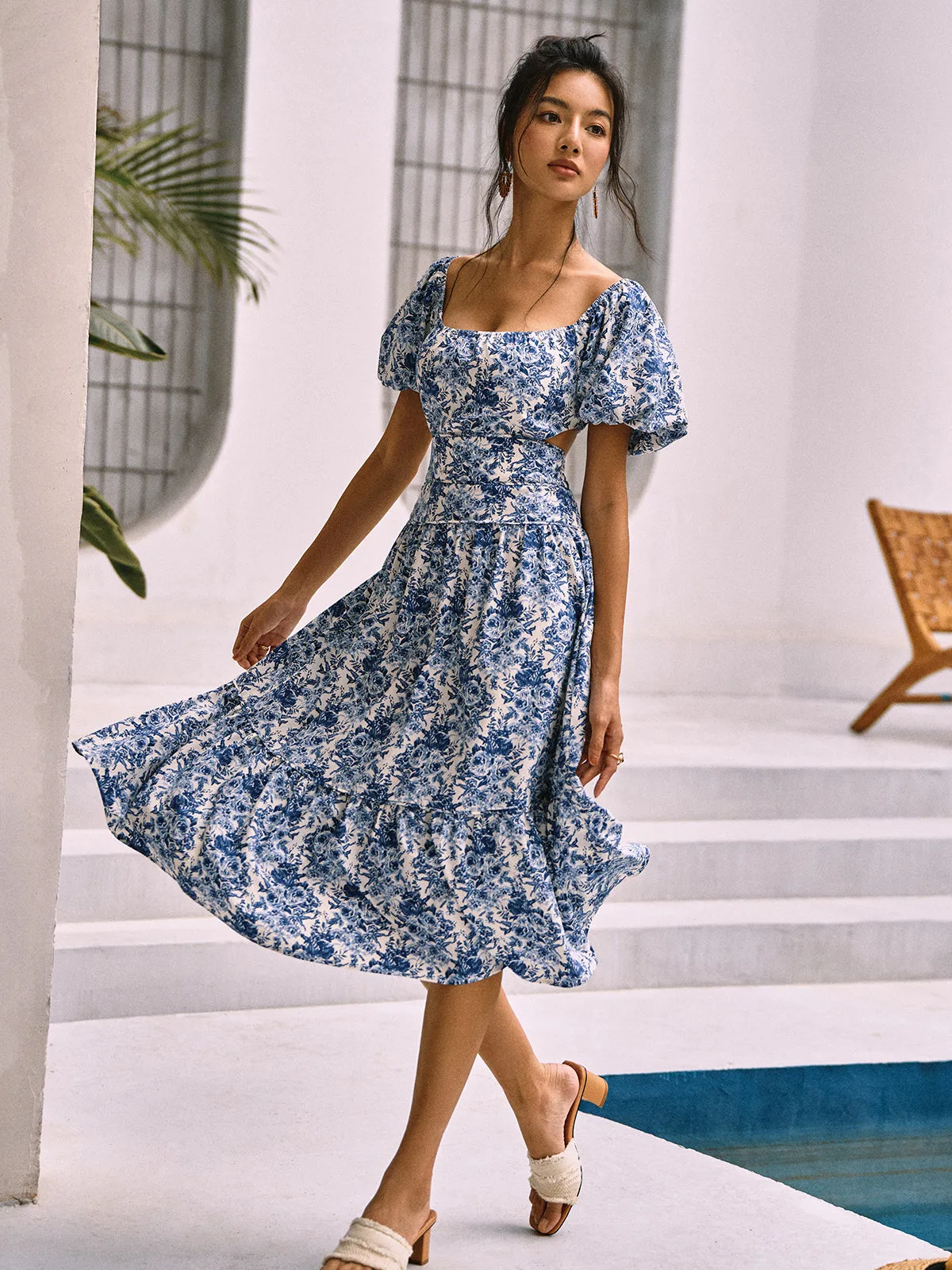 Floral Print Cutout Waist Midi Dress sold by COMMENSE product image thumbnail 2