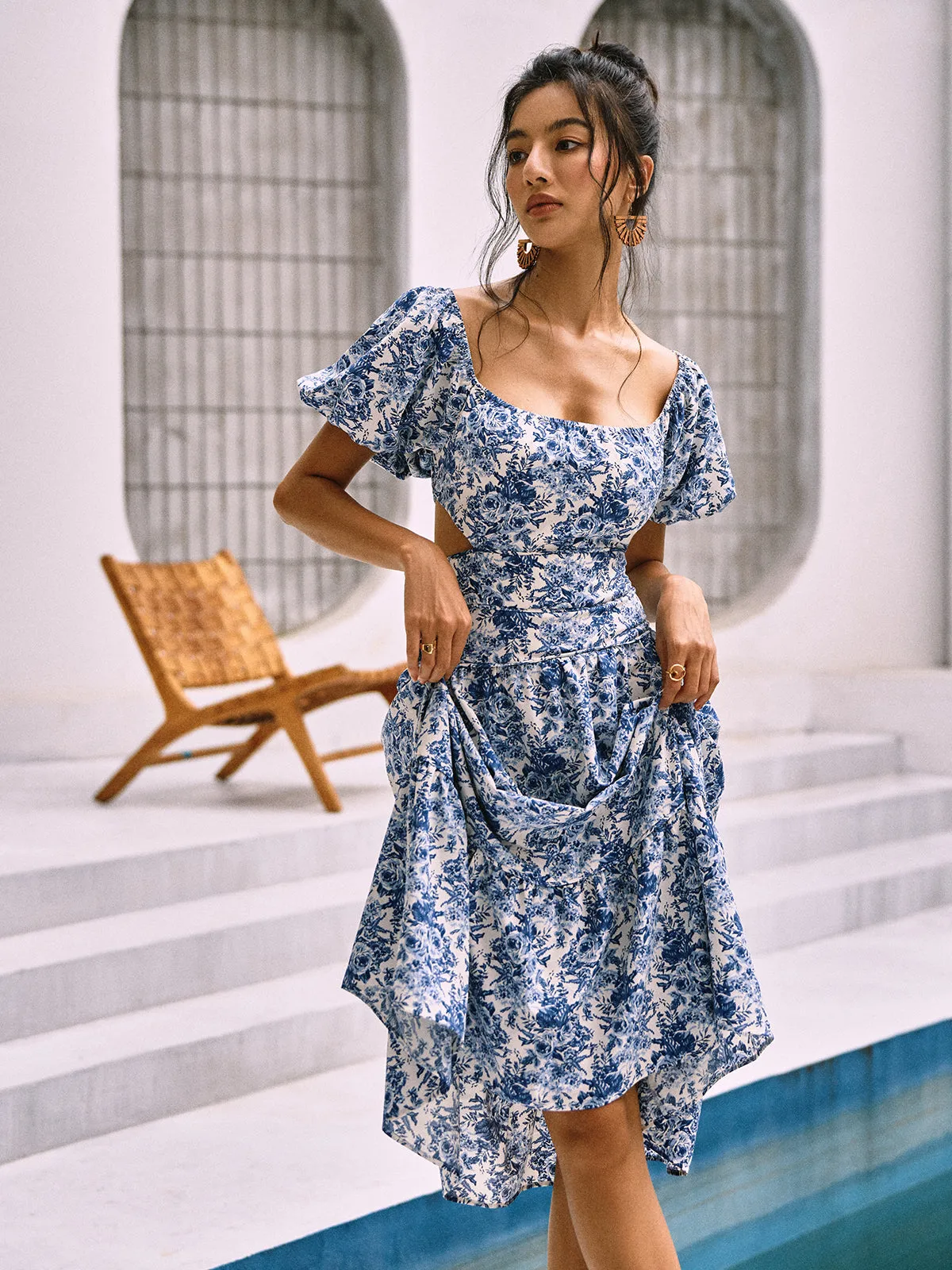 Floral Print Cutout Waist Midi Dress sold by COMMENSE product image thumbnail 3