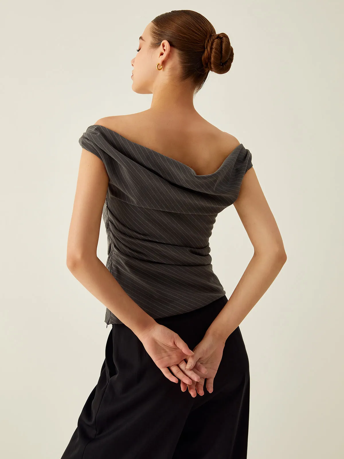 Pinstripe Off Shoulder Ruched Top sold by COMMENSE product image thumbnail 5