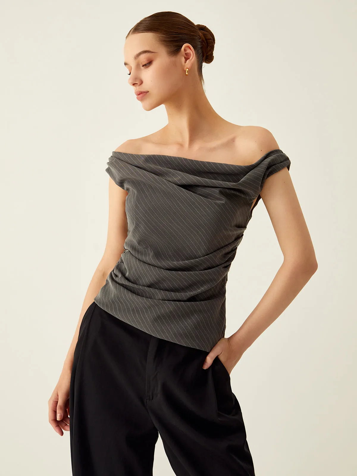 Pinstripe Off Shoulder Ruched Top sold by COMMENSE product image thumbnail 2