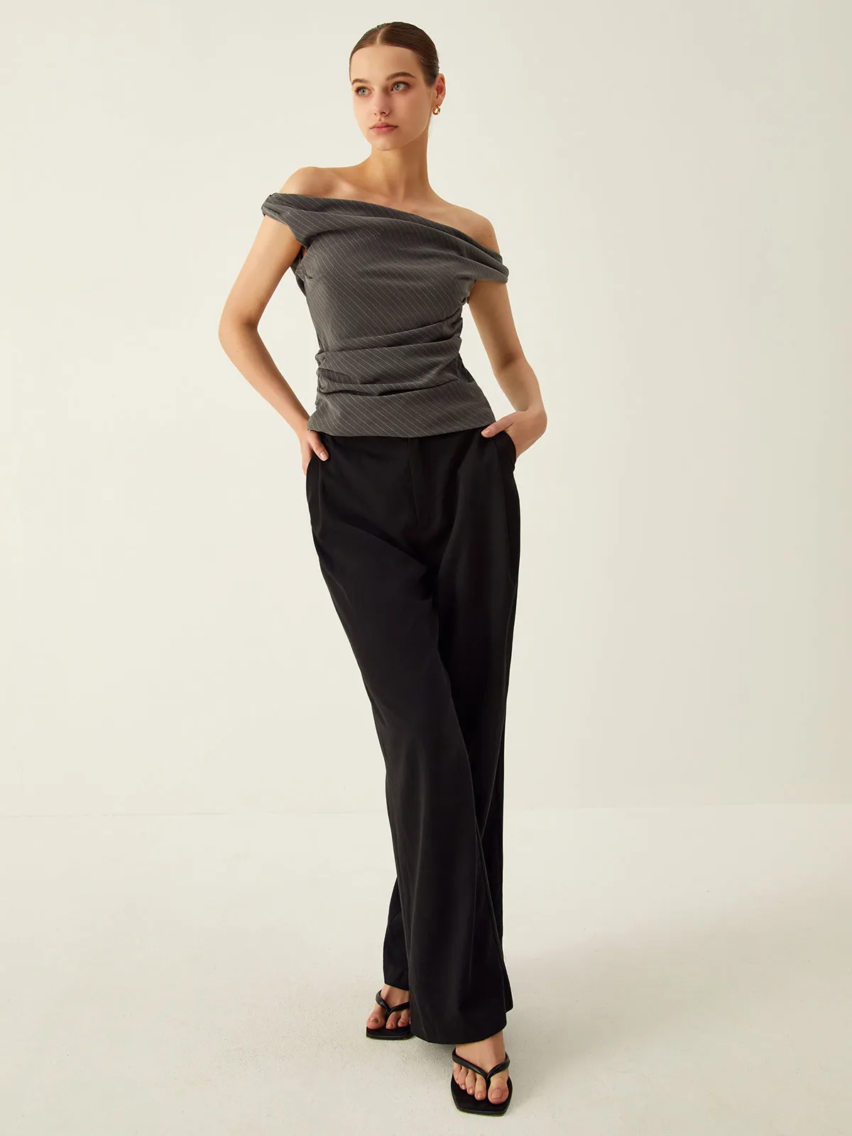 Pinstripe Off Shoulder Ruched Top sold by COMMENSE product image thumbnail 3