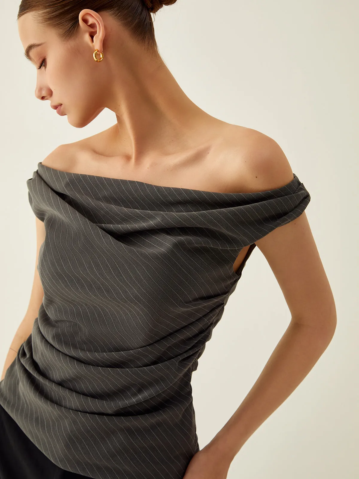 Pinstripe Off Shoulder Ruched Top sold by COMMENSE product image thumbnail 4