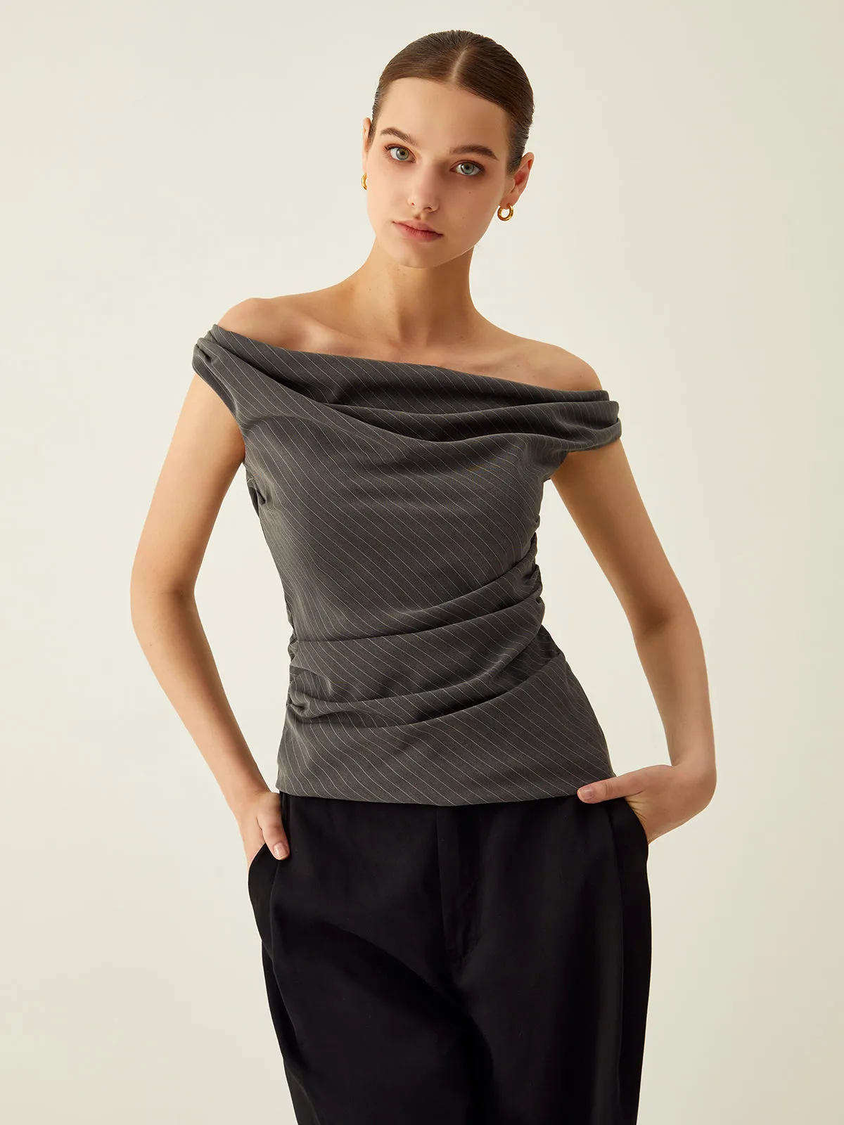 Pinstripe Off Shoulder Ruched Top sold by COMMENSE