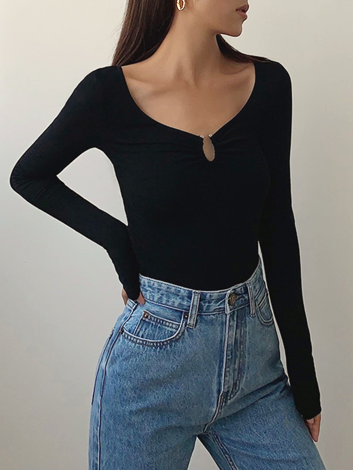 Teardrop Ring Decor Long Sleeve Shirt sold by COMMENSE product image thumbnail 2