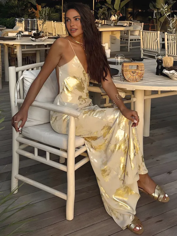 Metallic Print V-Neck Backless Slip Long Dress sold by COMMENSE