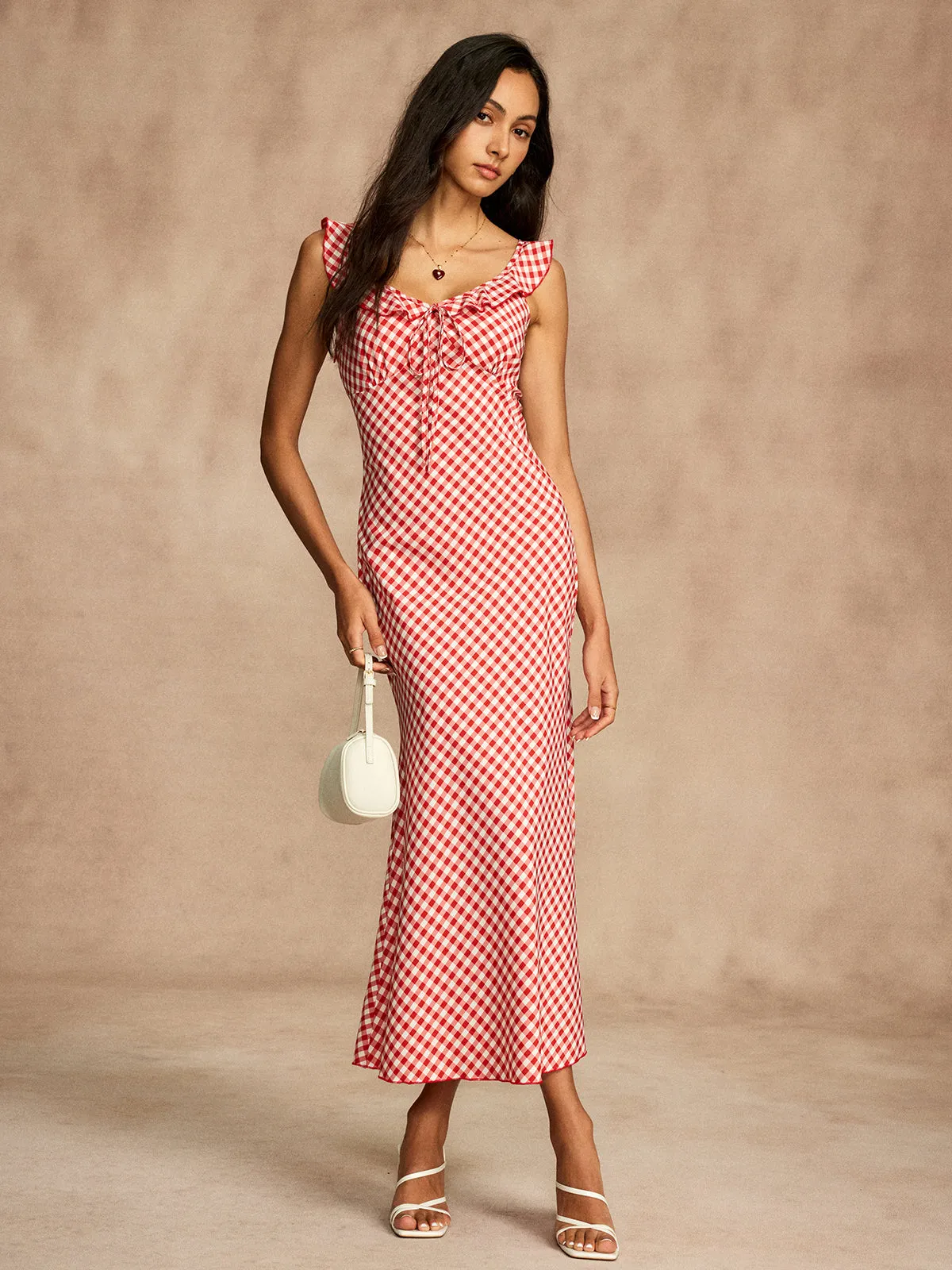Retro Gingham V-Neck Fishtail Dress sold by COMMENSE