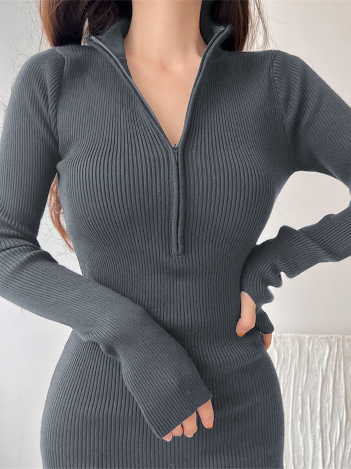 Zip Up Ribbed Short Dress sold by COMMENSE product image thumbnail 4