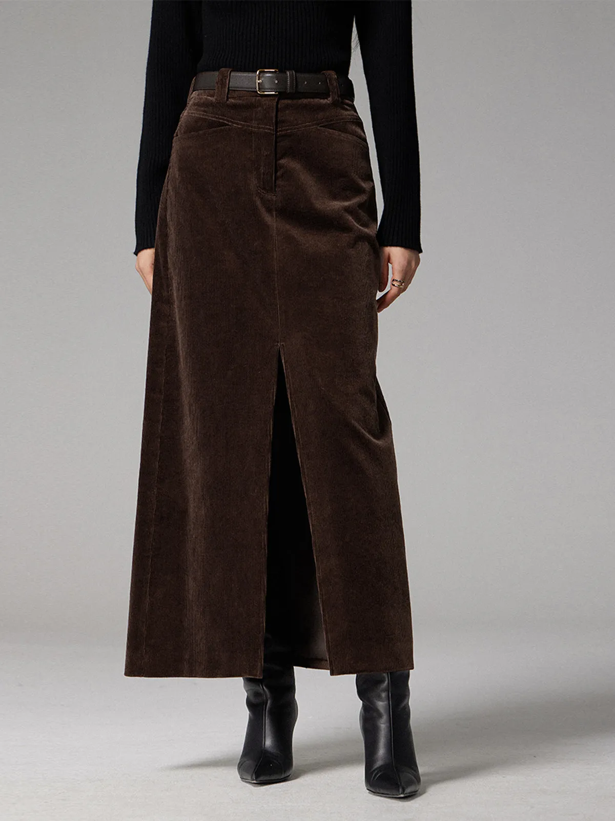 Pockets Corduroy Slit Maxi Skirt sold by COMMENSE