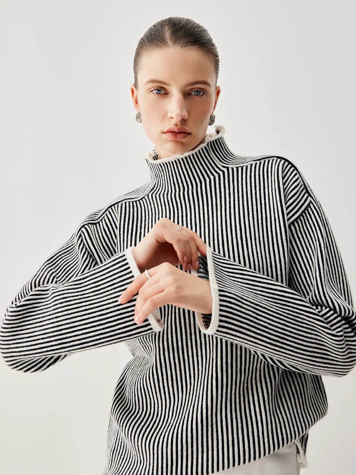 Pinstripe Mock Neck Contrast Trim Sweater sold by COMMENSE product image thumbnail 2