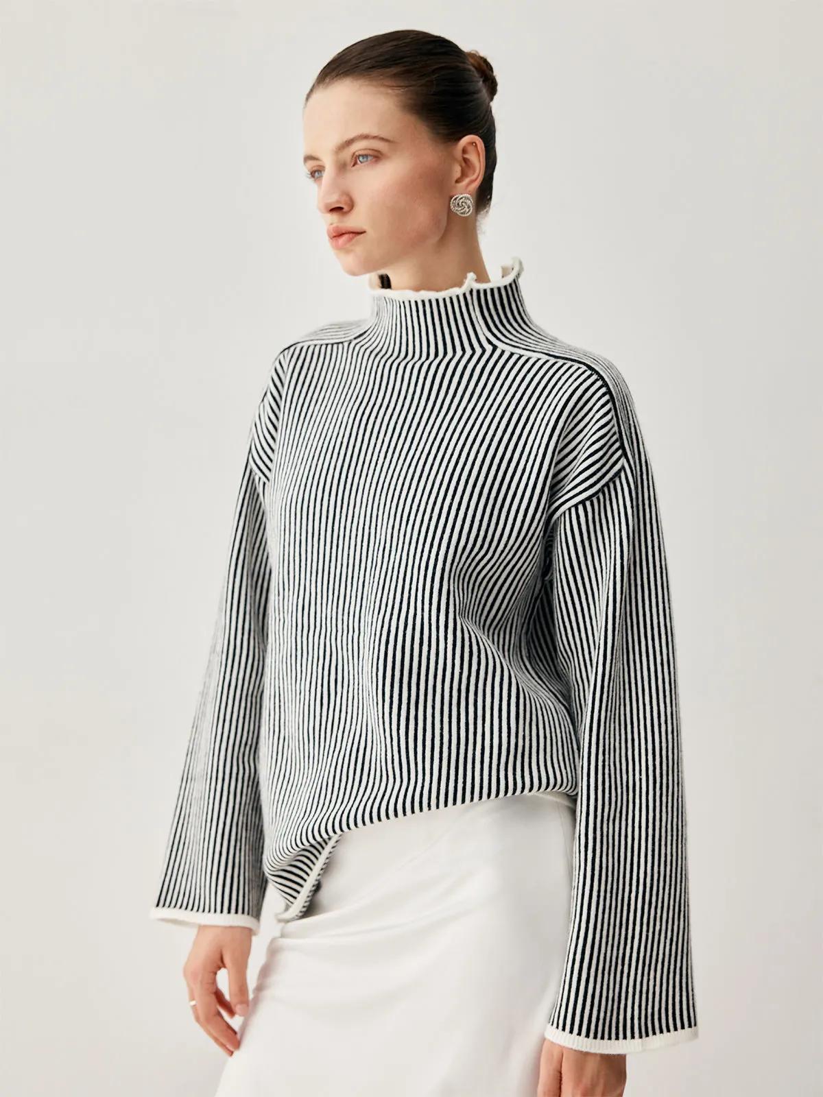 Pinstripe Mock Neck Contrast Trim Sweater sold by COMMENSE product image thumbnail 3