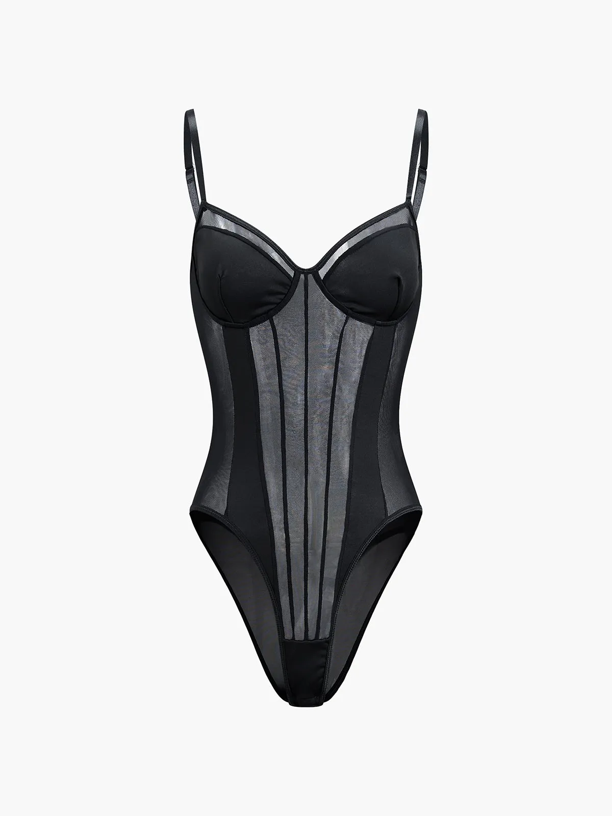 Adjustable Strap Mesh Corset Bodysuit sold by COMMENSE
