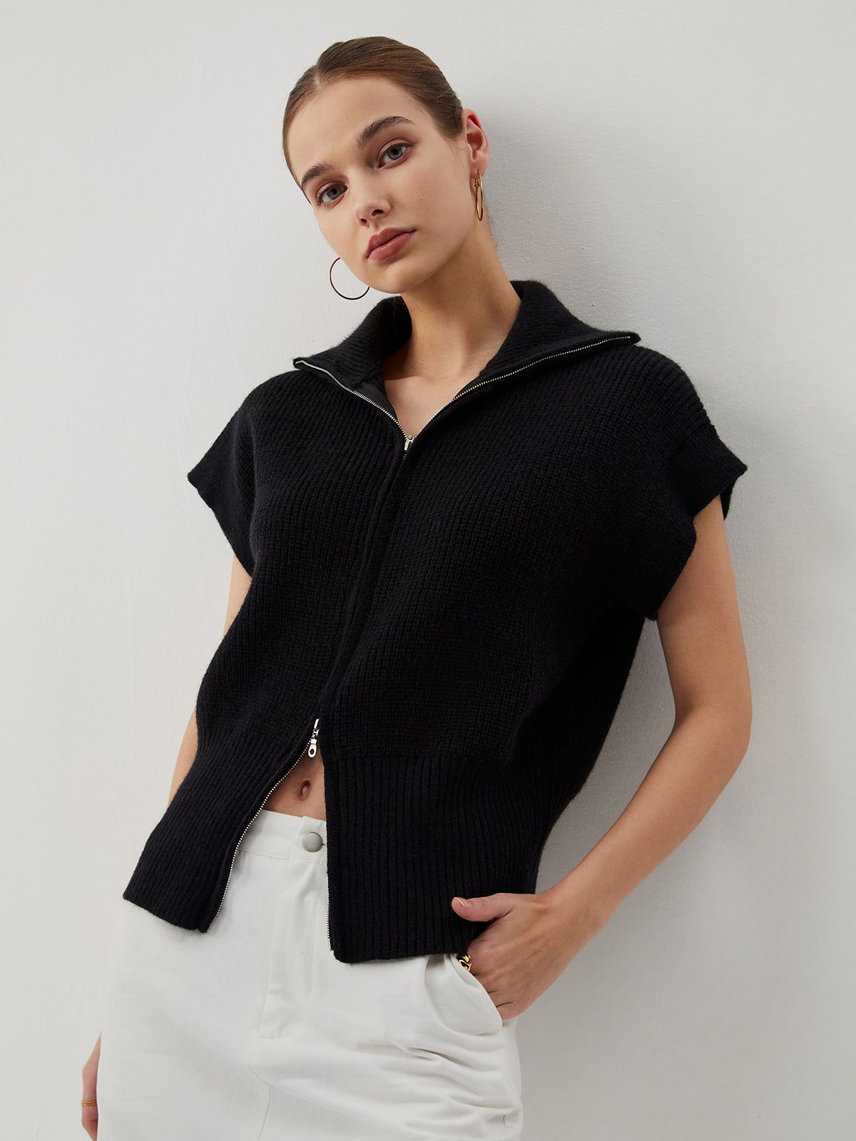 Solid Zip Up Collar Knit Cardigan sold by COMMENSE