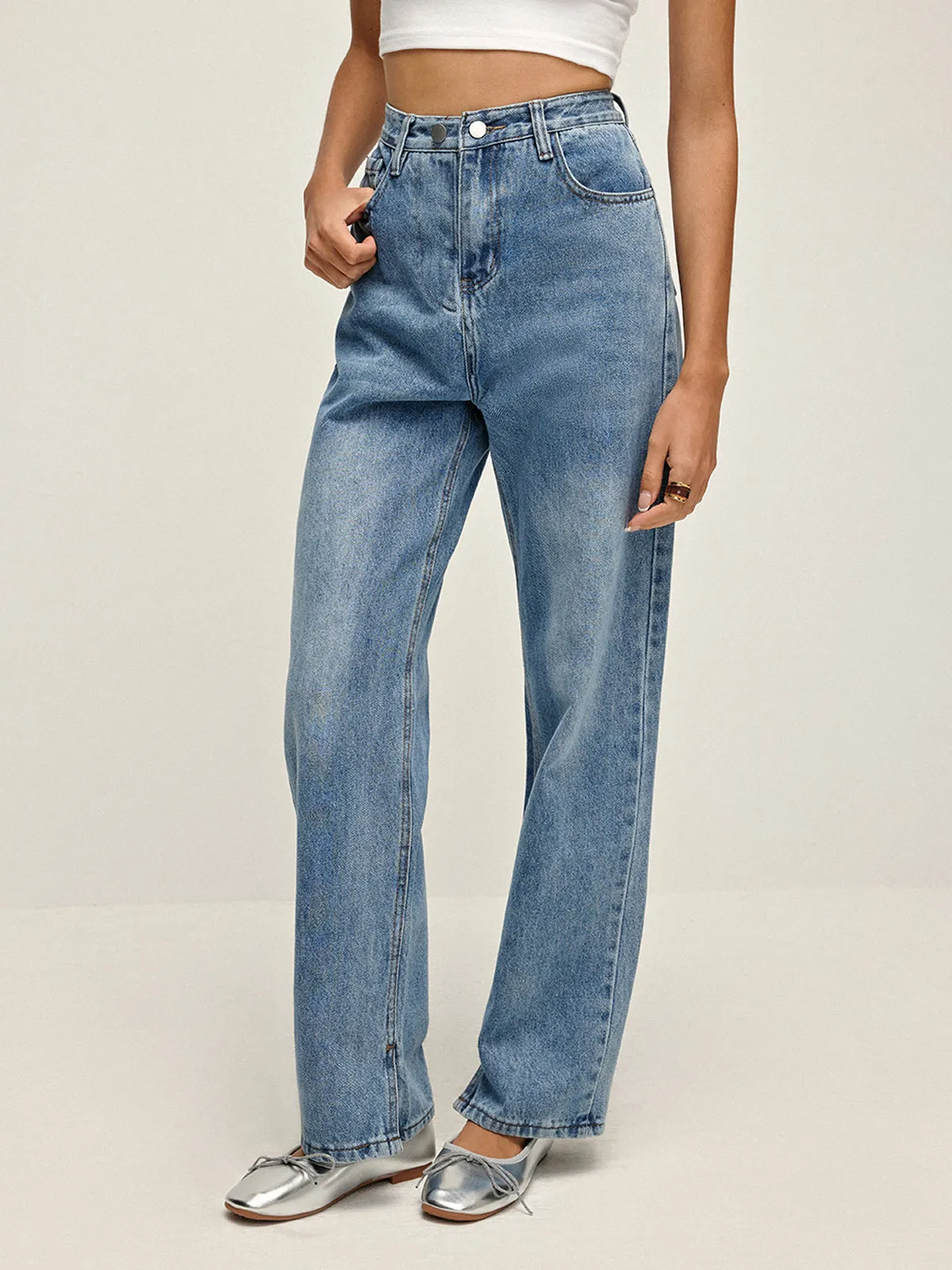 High-Waist Denim Long Jeans sold by COMMENSE