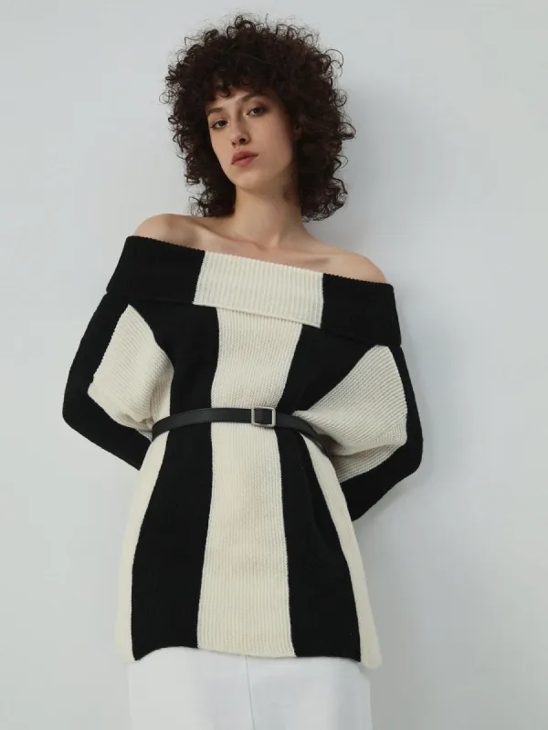 Overfold Off Shoulder Stripe Long Sleeve Knit Top sold by COMMENSE