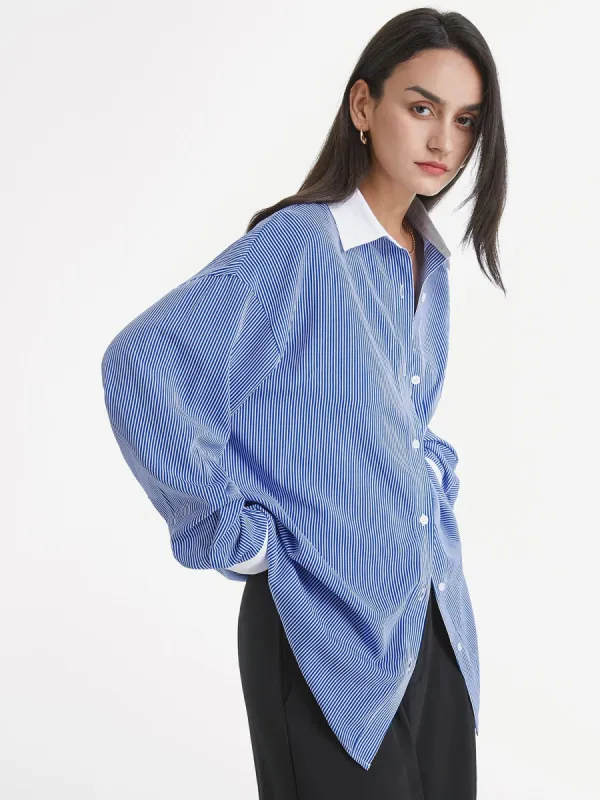 Striped Contrast Collar Cuff Oversized Dress Shirt sold by COMMENSE