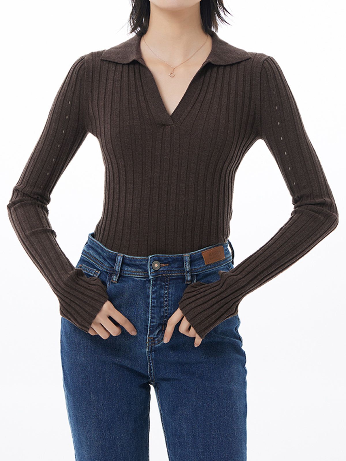 Open Collar Eyelet Knit Top sold by COMMENSE