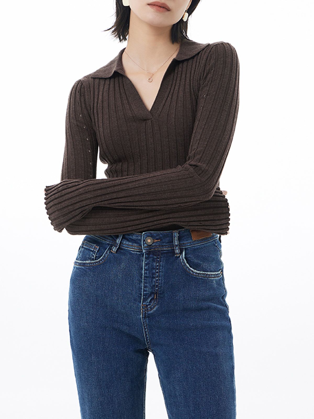 Open Collar Eyelet Knit Top sold by COMMENSE product image thumbnail 5