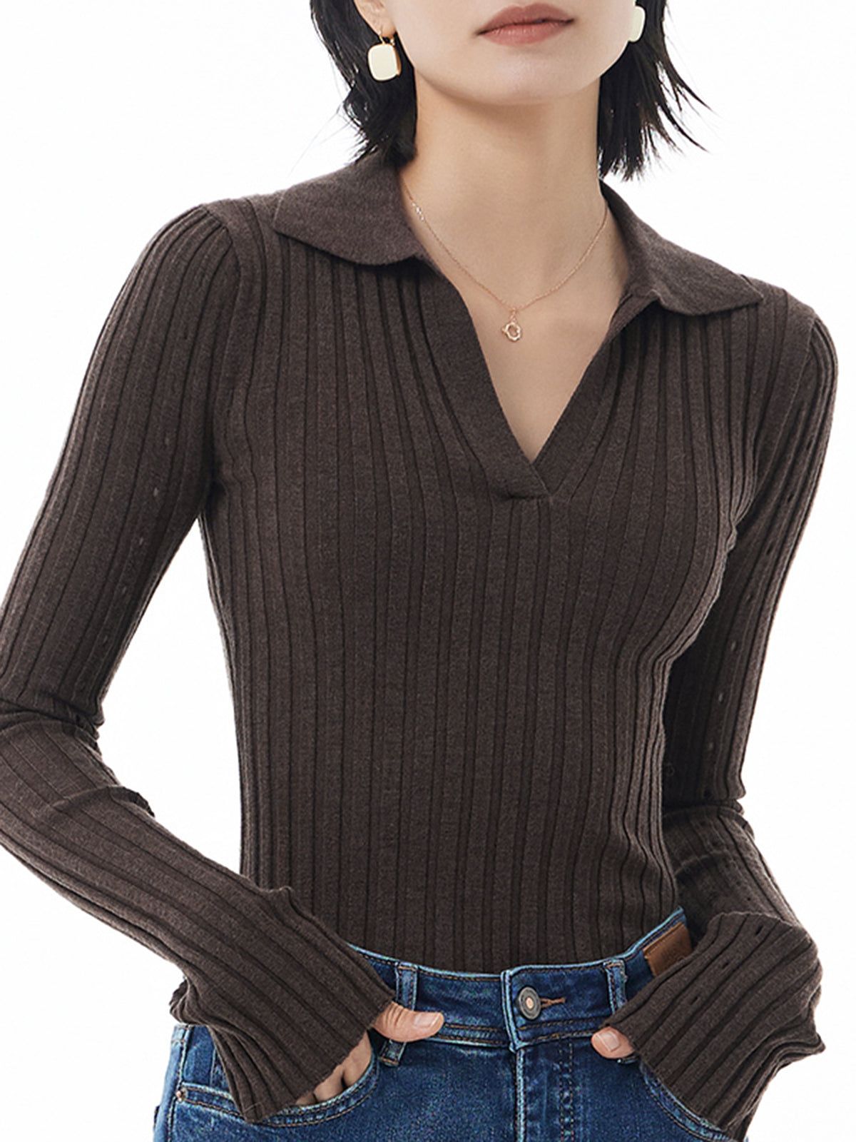 Open Collar Eyelet Knit Top sold by COMMENSE product image thumbnail 2