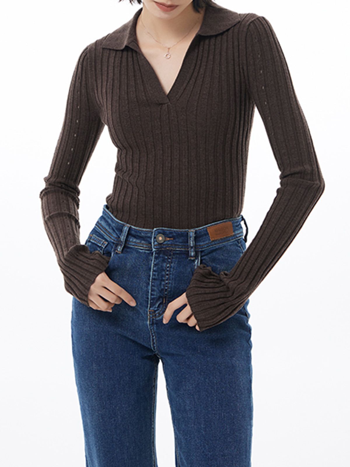 Open Collar Eyelet Knit Top sold by COMMENSE product image thumbnail 3