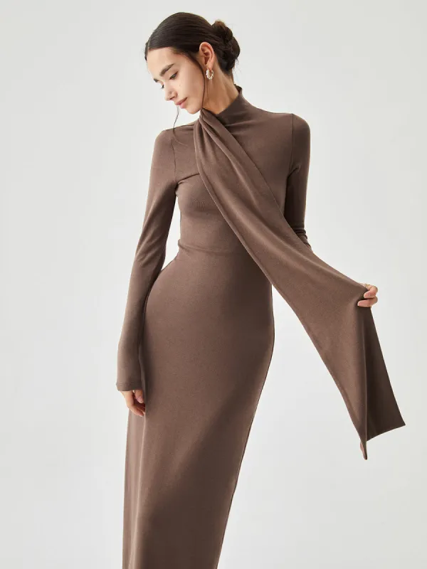 Bodycon High Neck Ribbed Knit Long Dress with Matching Scarf sold by COMMENSE