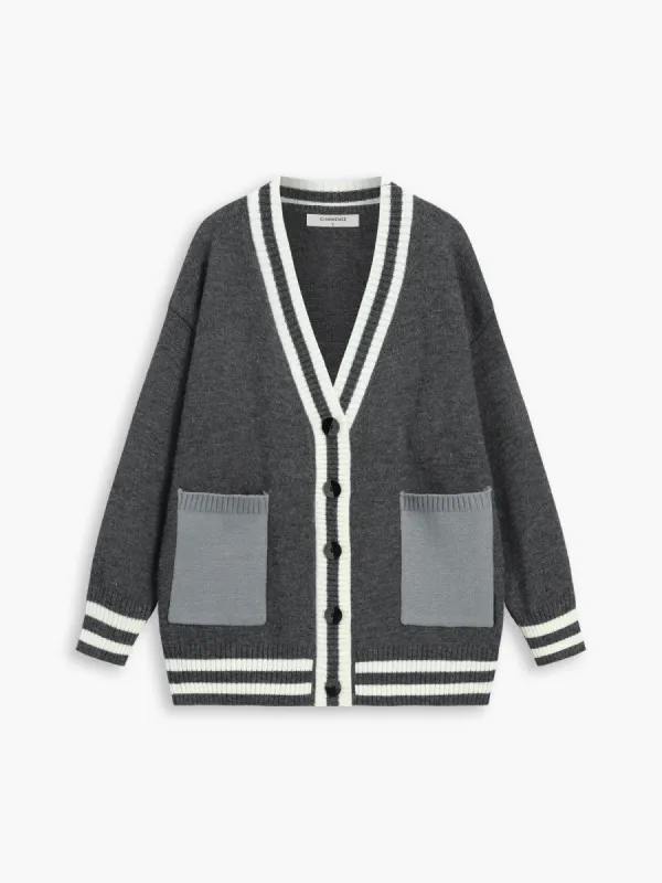 Patchwork Pockets Contrast Trim Cardigan sold by COMMENSE